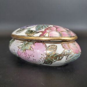Toyo Enameled Ceramic Trinket Box 4.5" Floral Gold Gilt Japan